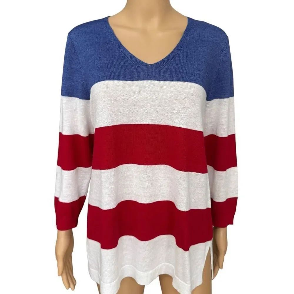 TALBOTS Women's 100% Linen Sweater Long Sleeve Striped Multicolor Size M NWOT